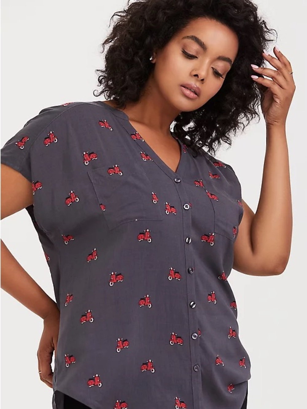 torrid Charcoal Button-Front V-Neck Top with Red Scooter Motif - Picture 2 of 11